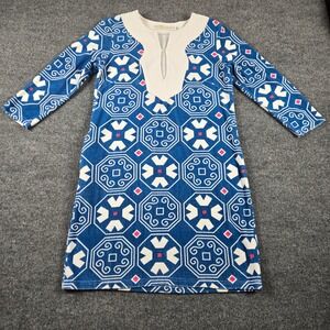 Tracy Negoshian Terry Cloth Tunic Dress Womens Medium Blue Geometric Resort SKU